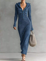 Hooded Knit Maxi Dress with Button-Up Placket and Chest Pockets - Trendsi - Flyclothing LLC