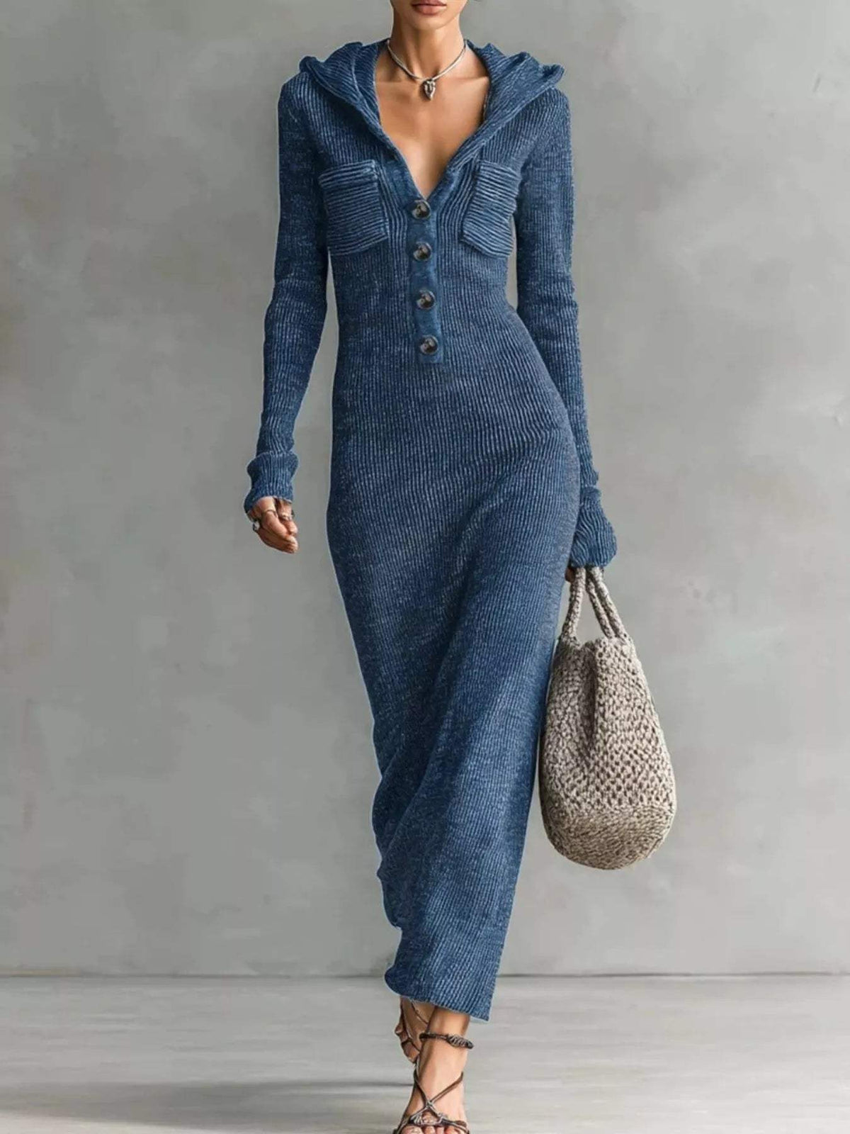 Hooded Knit Maxi Dress with Button-Up Placket and Chest Pockets - Trendsi - Flyclothing LLC