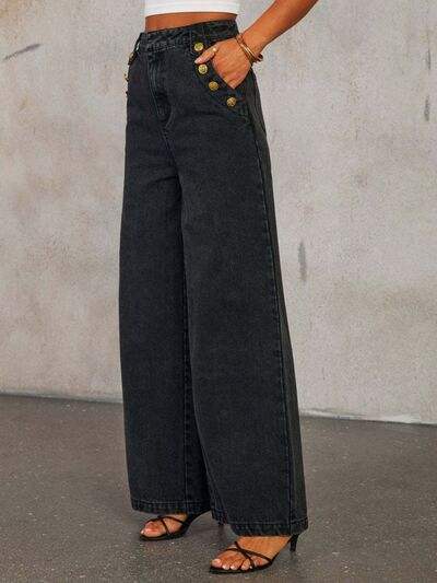 Button Decor High Rise Wide Leg Jeans - Trendsi - Flyclothing LLC