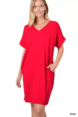 Zenana Brushed Dty Rolled Short Sleeve V-Neck Dress - Trendsi - Flyclothing LLC