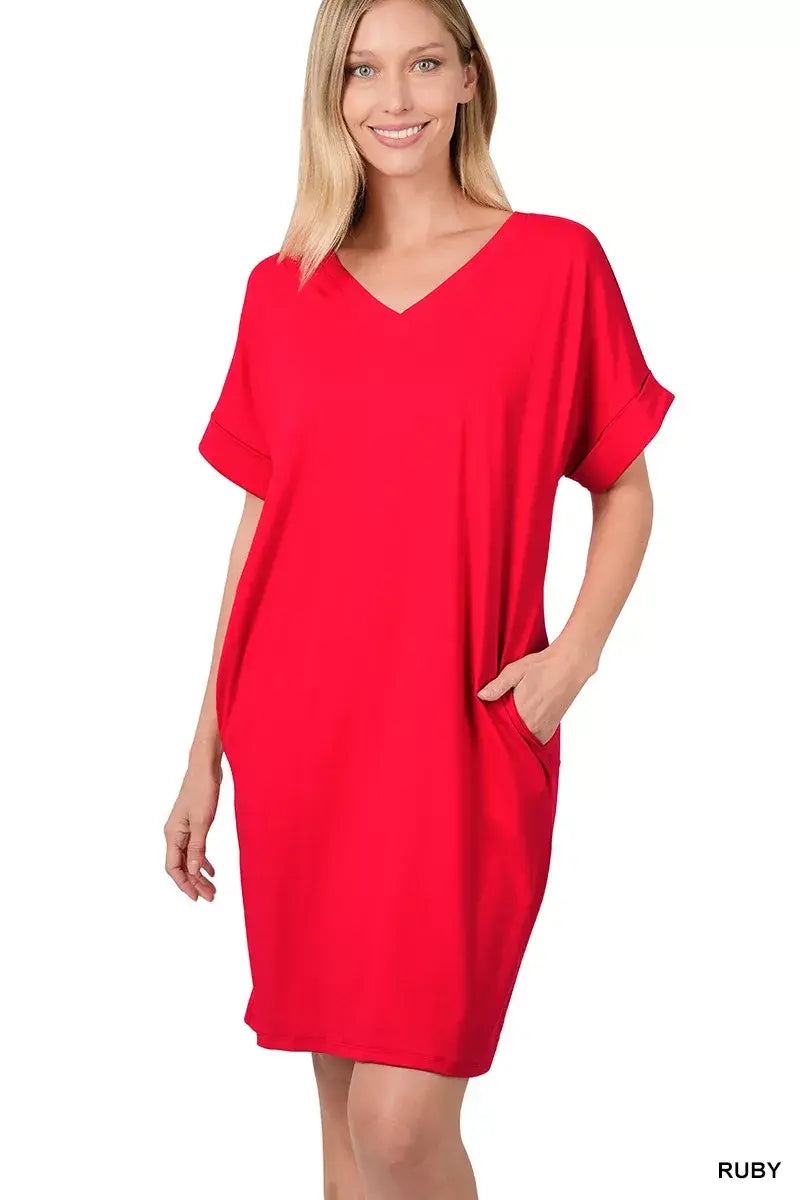 Zenana Brushed Dty Rolled Short Sleeve V-Neck Dress - Trendsi - Flyclothing LLC