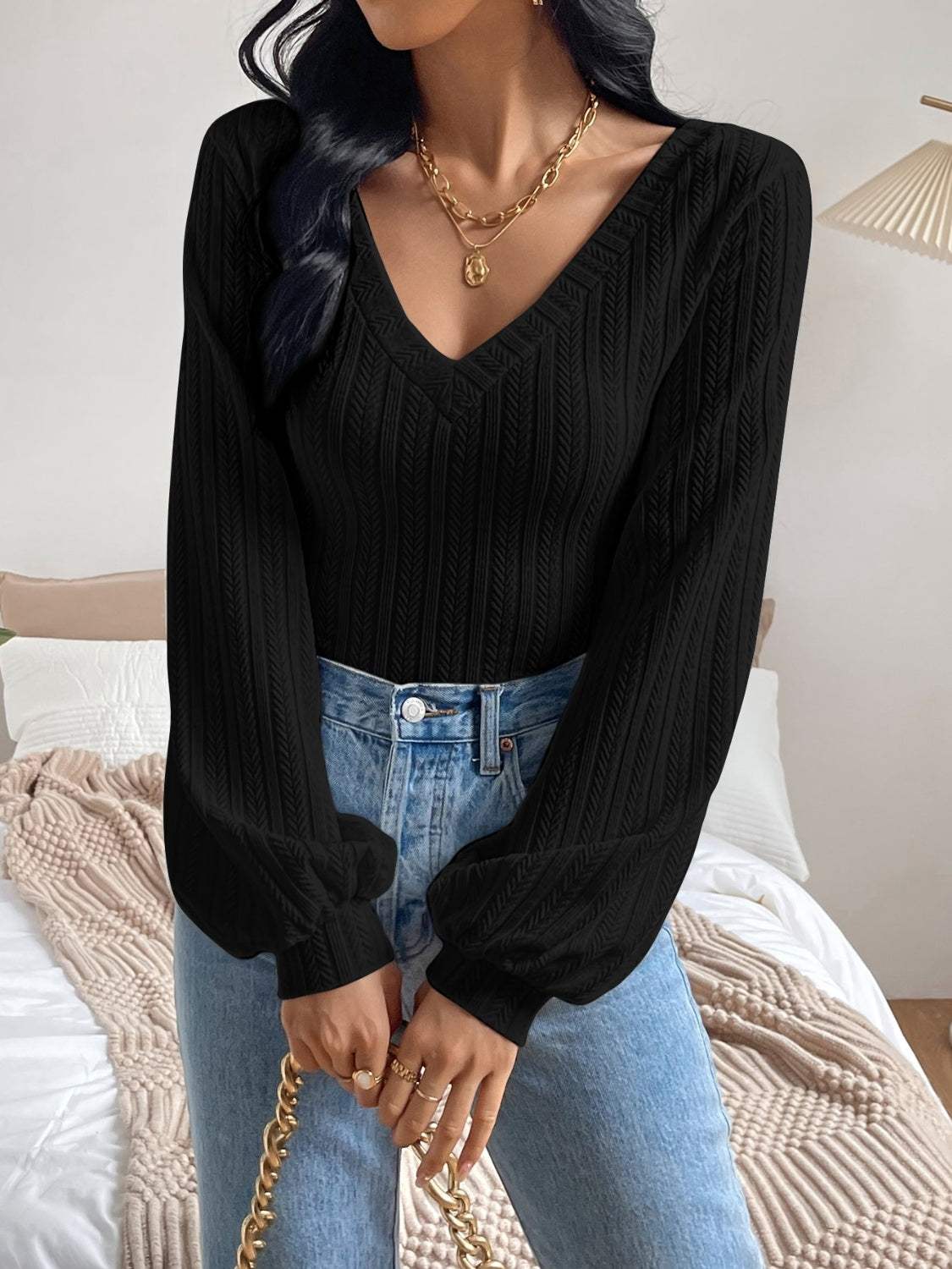 V-Neck Long Sleeve T-Shirt - Trendsi - Flyclothing LLC