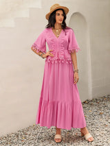 Lace Detail V-Neck Half Sleeve Midi Dress - Trendsi - Flyclothing LLC