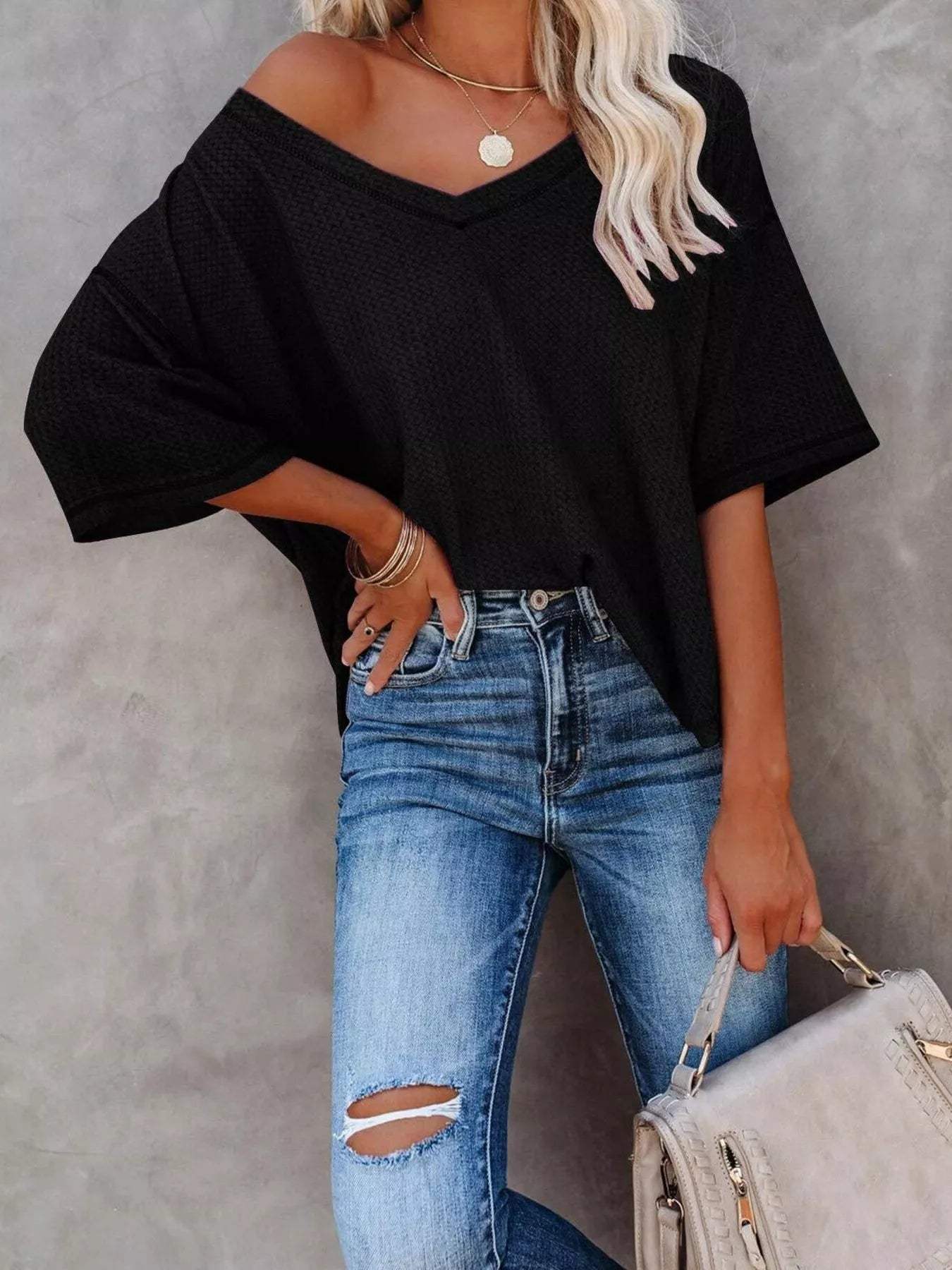 Waffle Knit V-Neck Short Sleeve T-Shirt - Trendsi - Flyclothing LLC