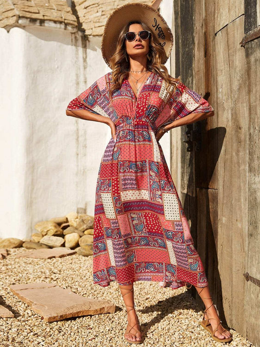 Printed Half Sleeve Midi Dress - Trendsi - Flyclothing LLC