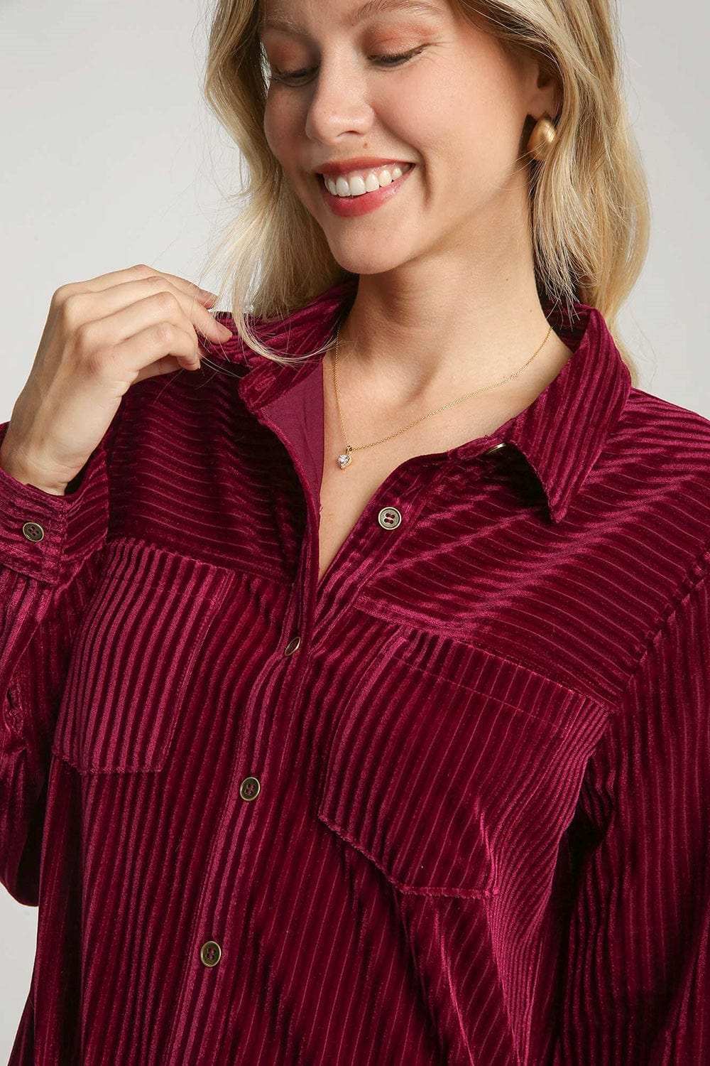 Umgee Texture Curved Hem Button Down Shirt Dress - Trendsi - Flyclothing LLC