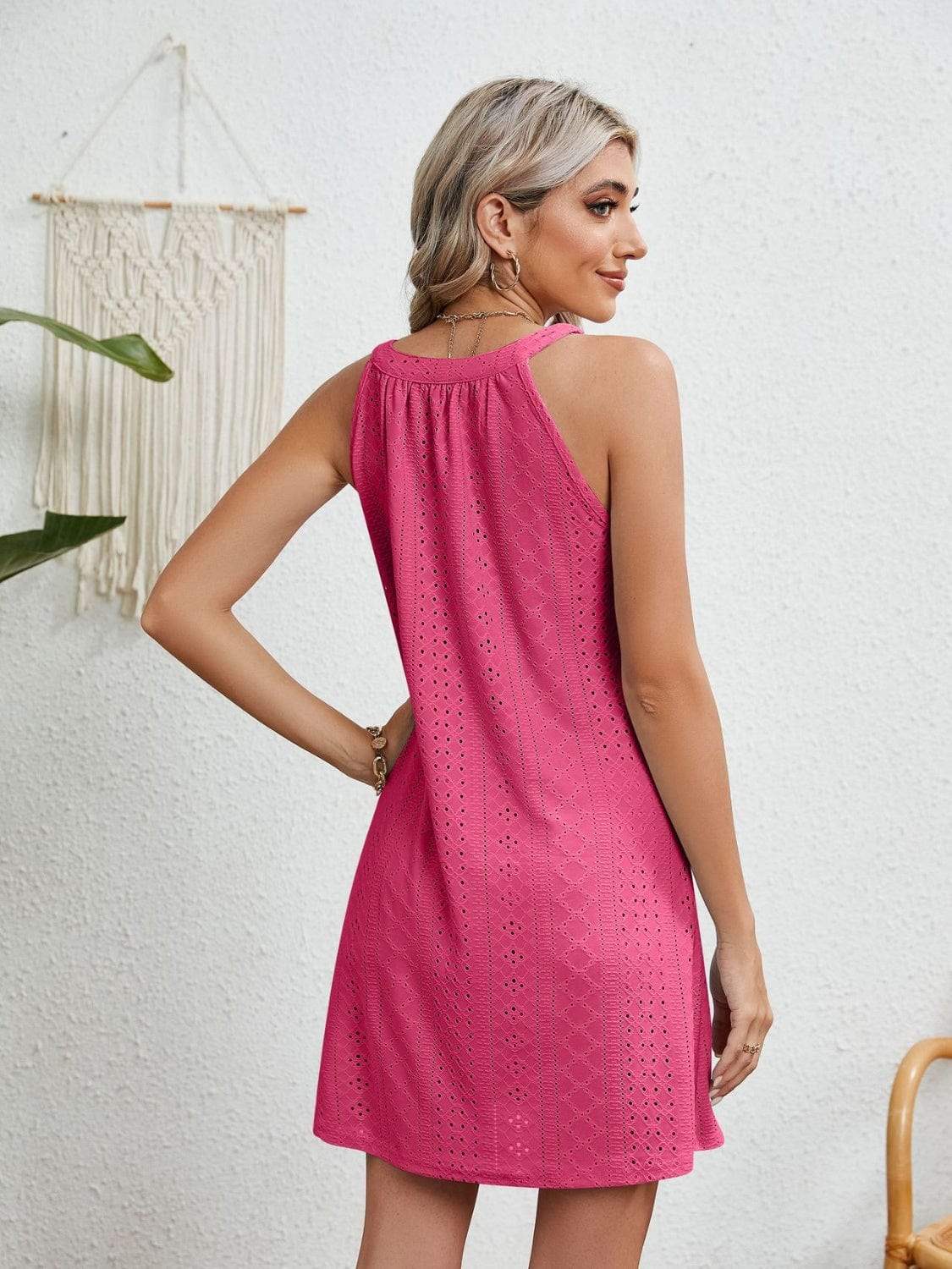 Eyelet Grecian Neck Mini Dress - Trendsi - Flyclothing LLC