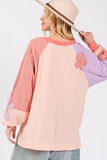 SAGE + FIG Full Size Daisy Applique Patch Color Block Long Sleeve Top - Trendsi