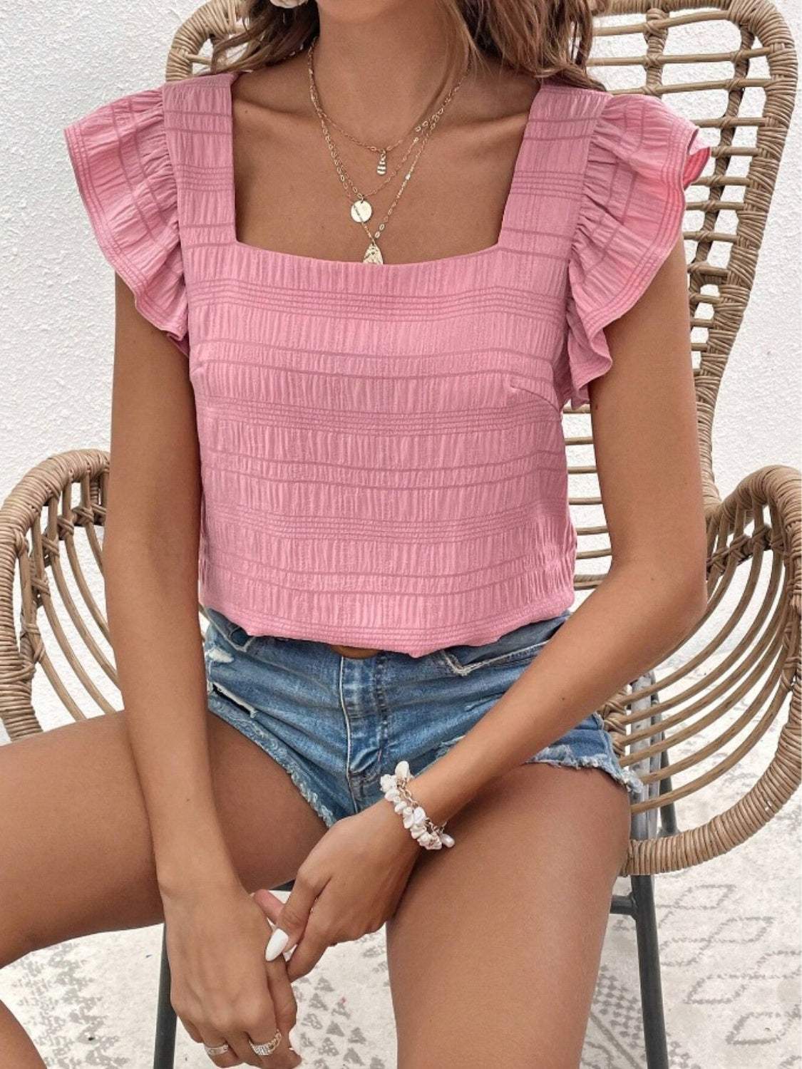 Ruffled Square Neck Cap Sleeve Blouse - Trendsi - Flyclothing LLC