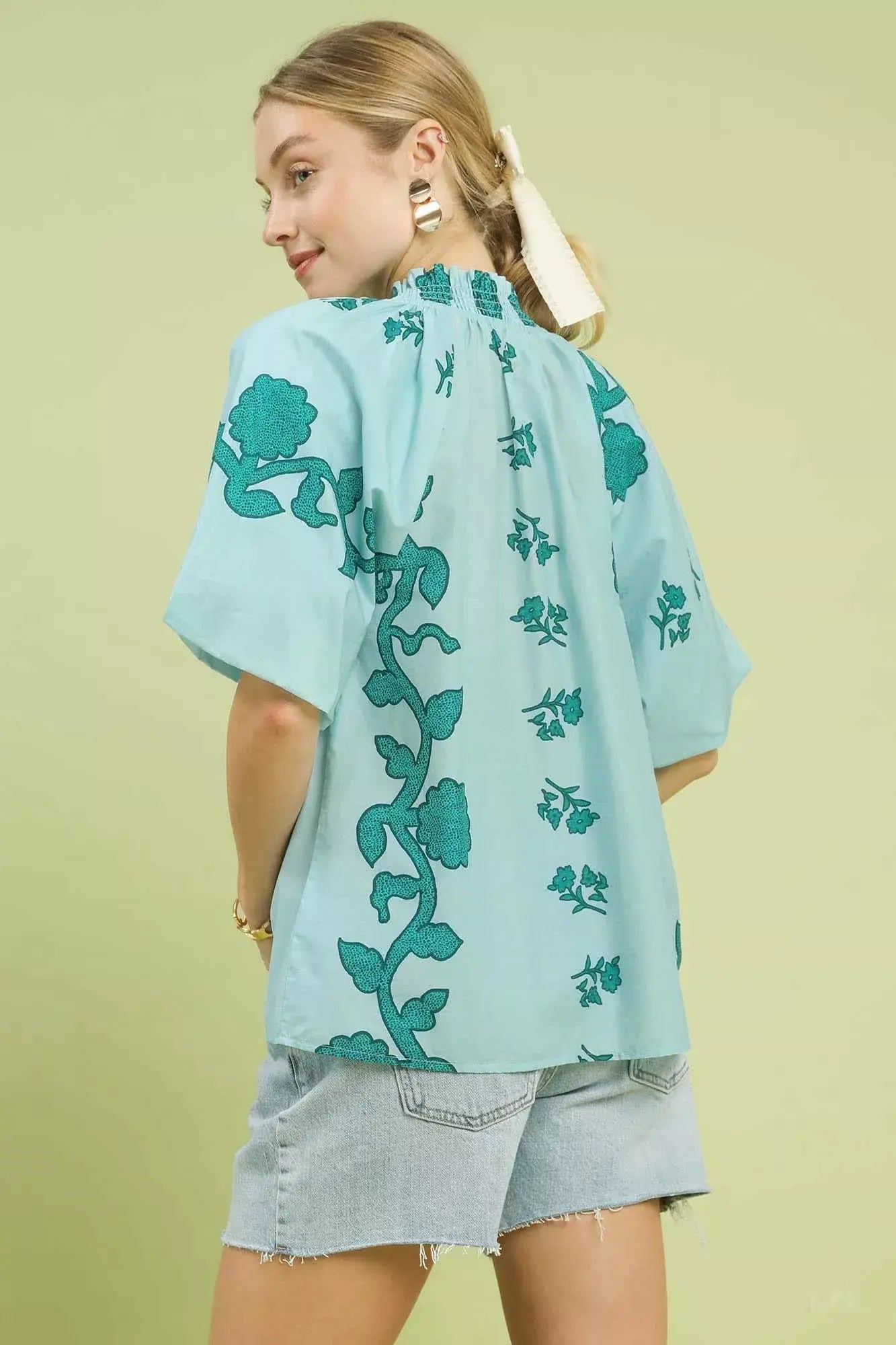 Umgee Floral Smocked Notched Puff Sleeve Blouse - Trendsi - Flyclothing LLC
