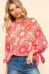Haptics Ribbon Bow Detail Floral Round Neck Blouse - Trendsi