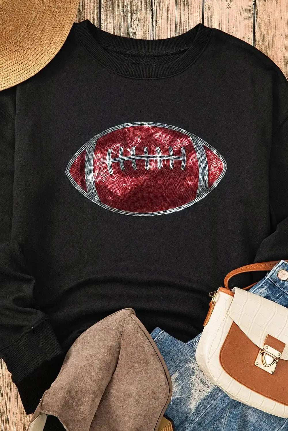Sequin Football Long Sleeve Sweatshirt - Trendsi - Flyclothing LLC
