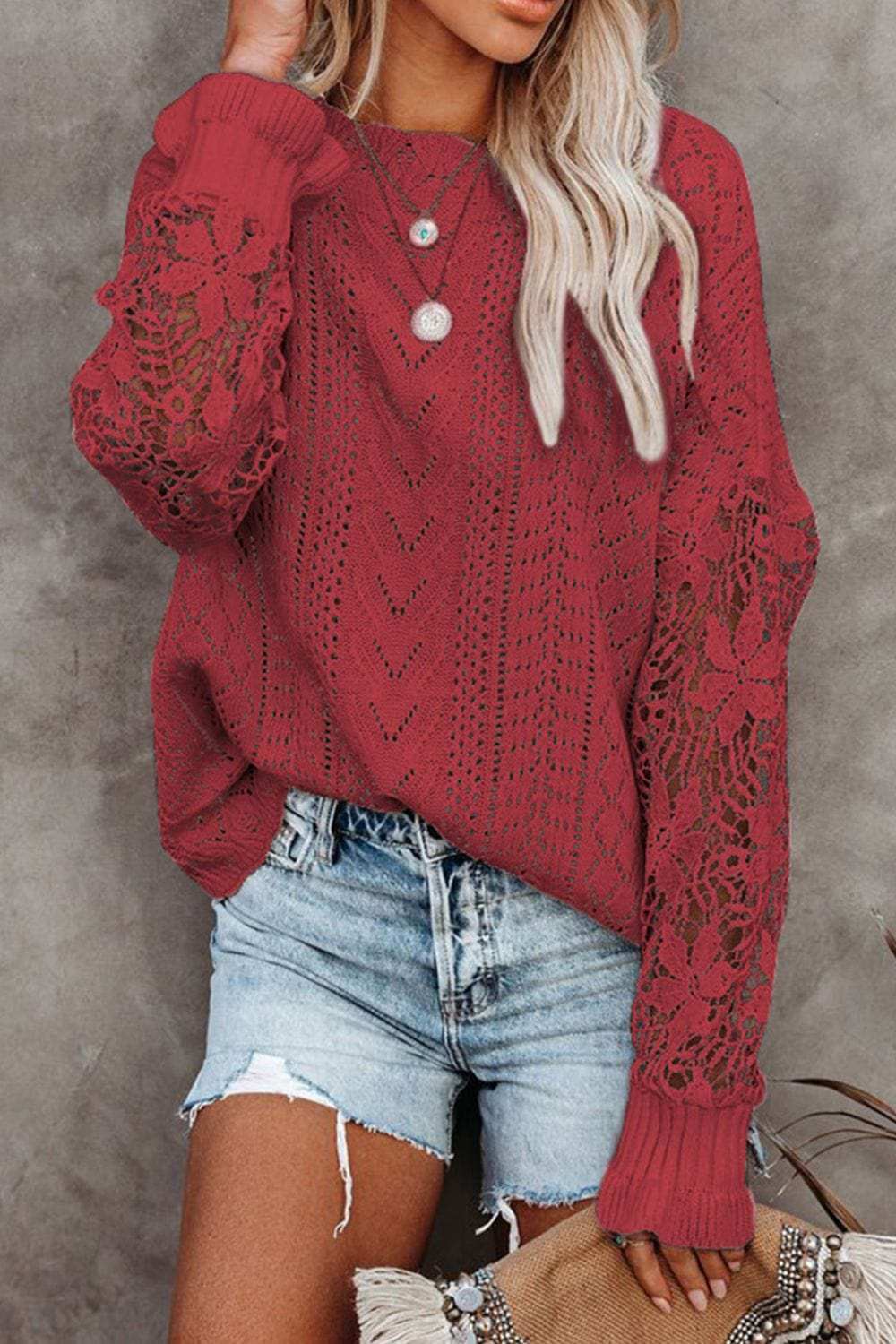 Openwork Round Neck Long Sleeve Sweater - Trendsi - Flyclothing LLC