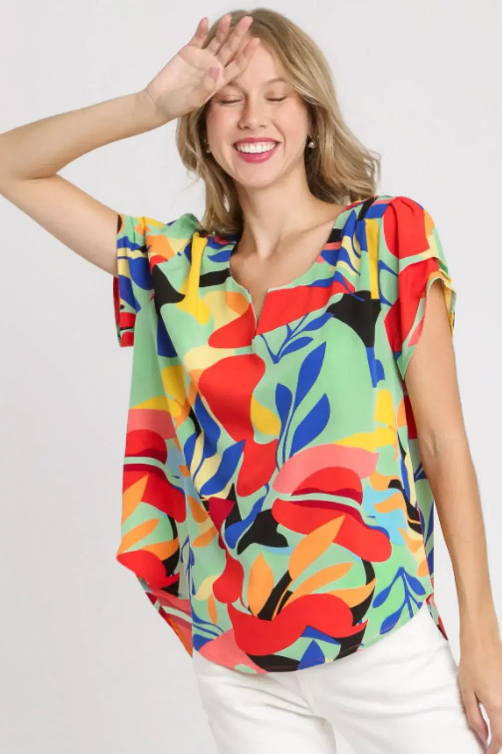 Umgee Full Size Short Sleeved Abstract Print Top Plus Size - Trendsi - Flyclothing LLC