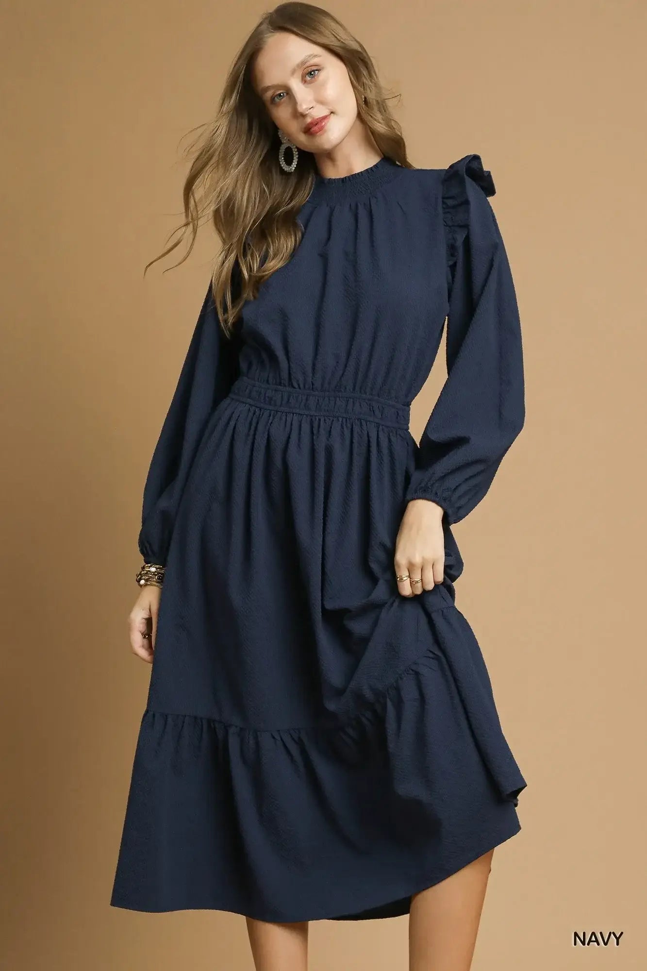Umgee Textured Midi Dress with Ruffle Shoulder Detail - Trendsi - Flyclothing LLC
