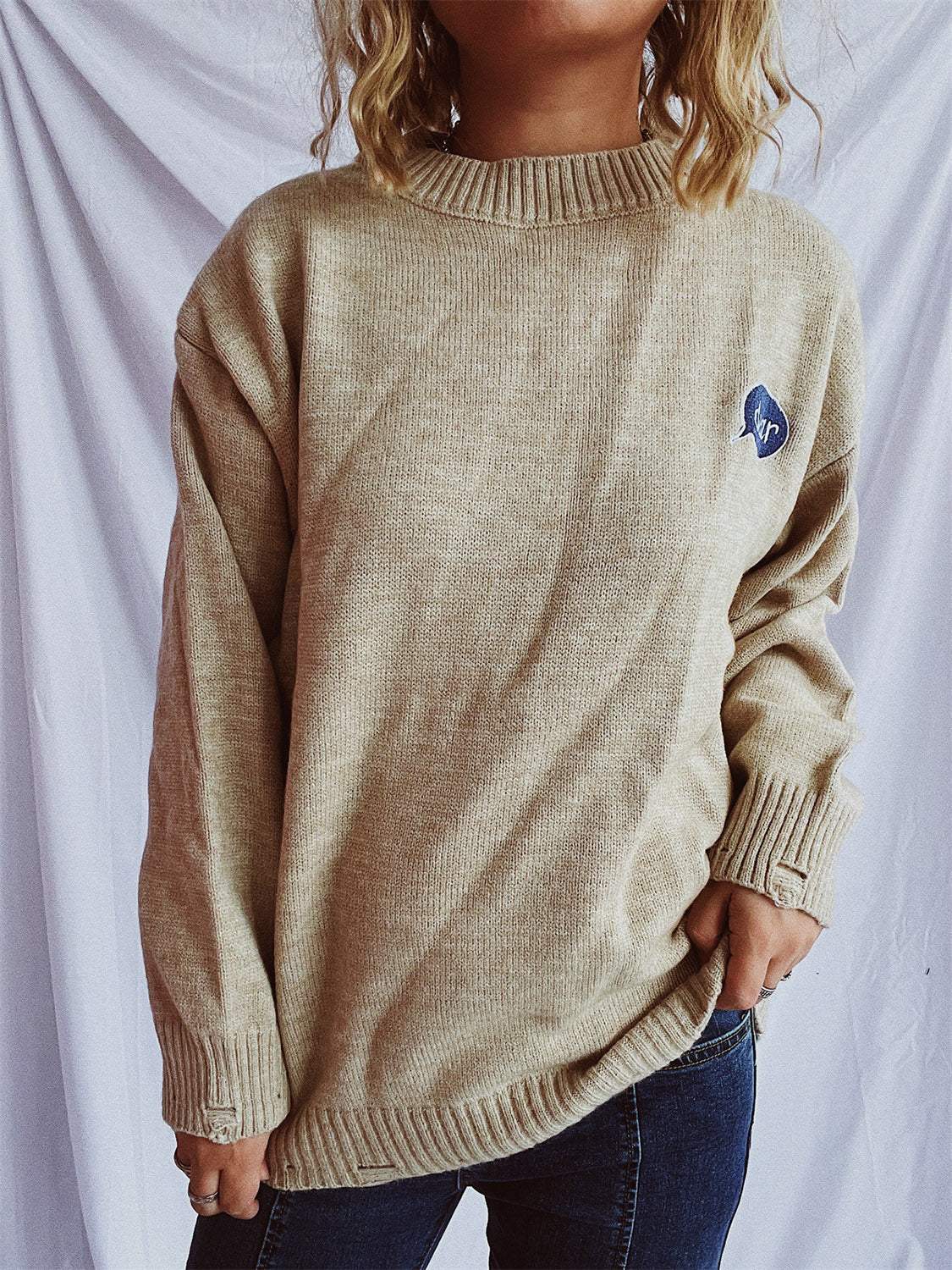 Embroidered Round Neck Dropped Shoulder Sweater - Trendsi - Flyclothing LLC