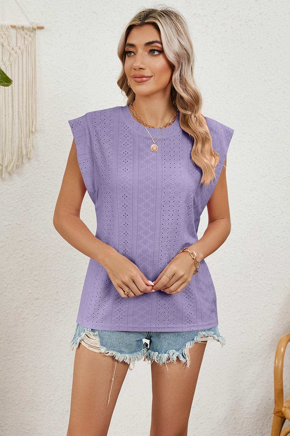 Eyelet Round Neck Tank - Trendsi - Flyclothing LLC