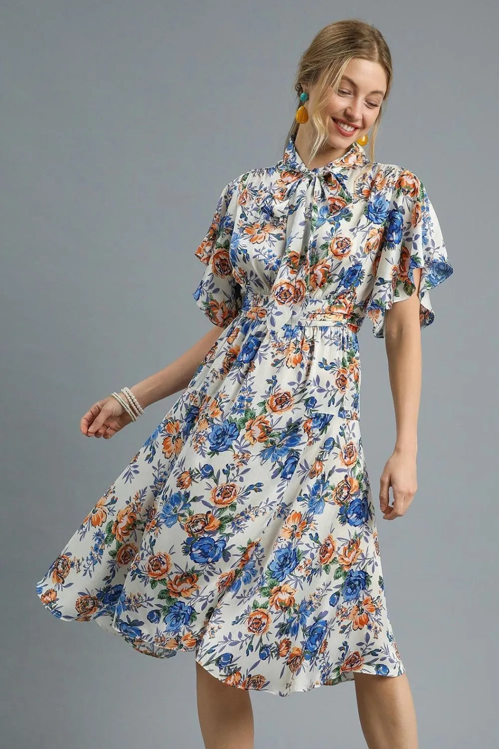 Umgee Floral Print Flutter Sleeve Dress - Trendsi