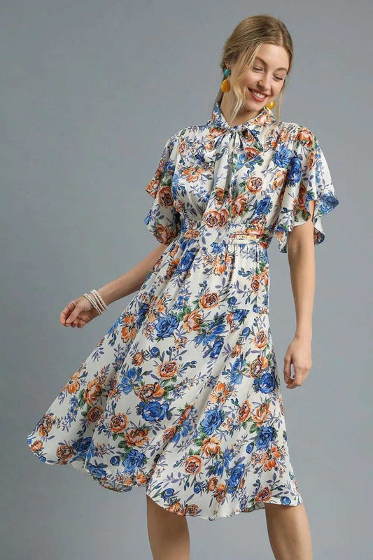 Umgee Floral Print Flutter Sleeve Dress - Trendsi - Flyclothing LLC