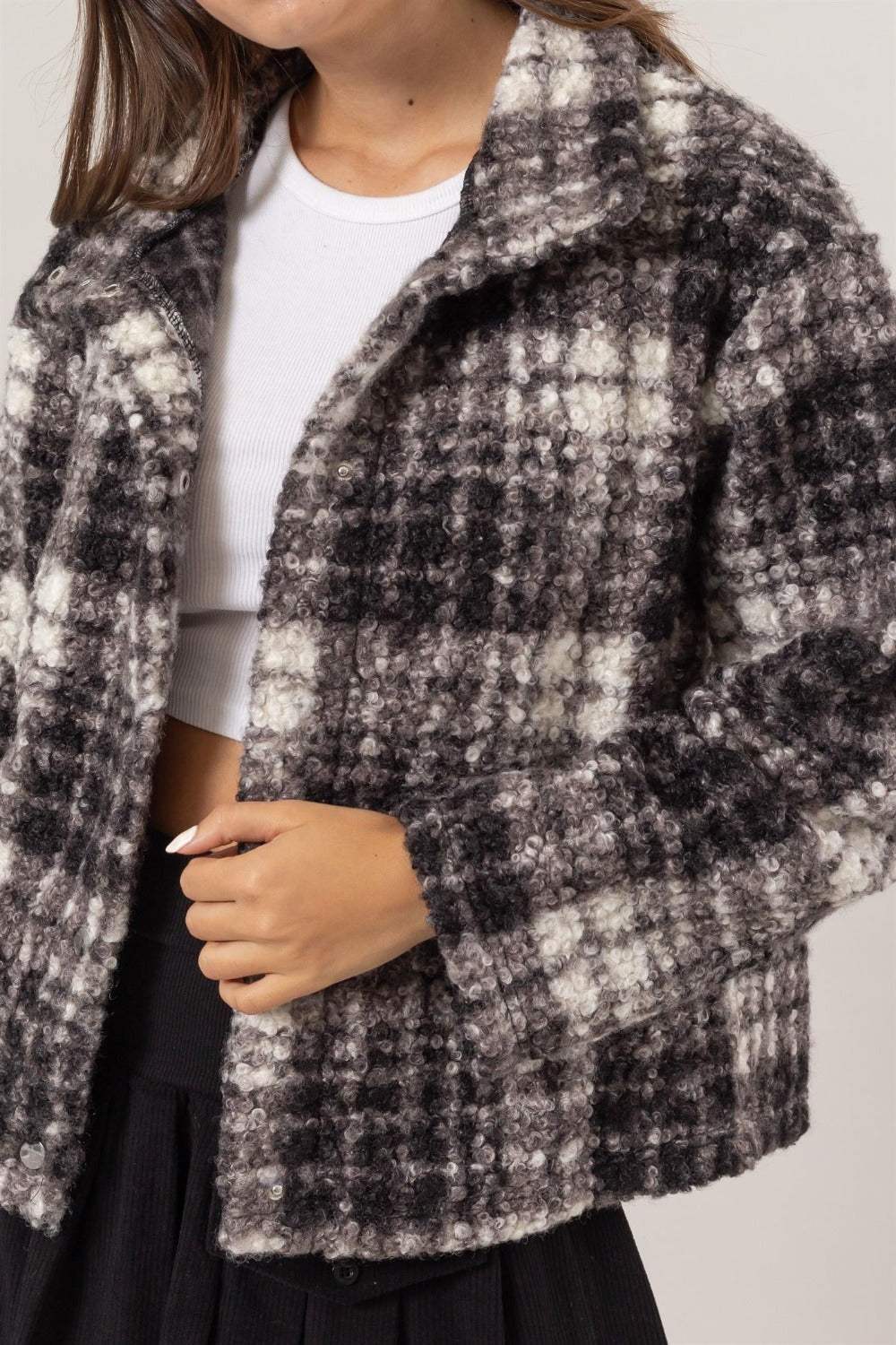 HYFVE Plaid Collared Neck Boucle Jacket with Pockets - Trendsi - Flyclothing LLC