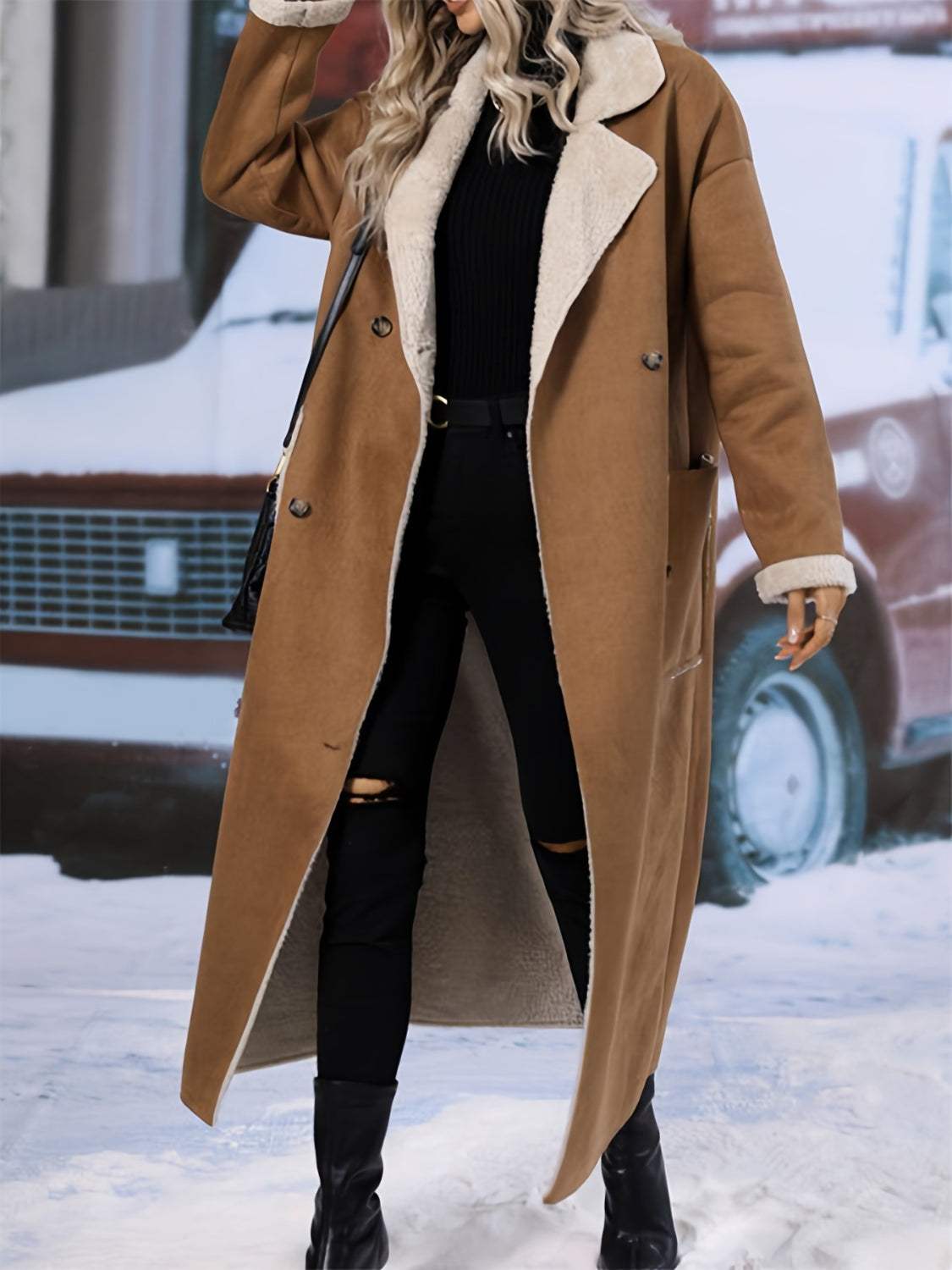 Plus Size Drop Shoulder Sherpa Longline Coat - Trendsi - Flyclothing LLC