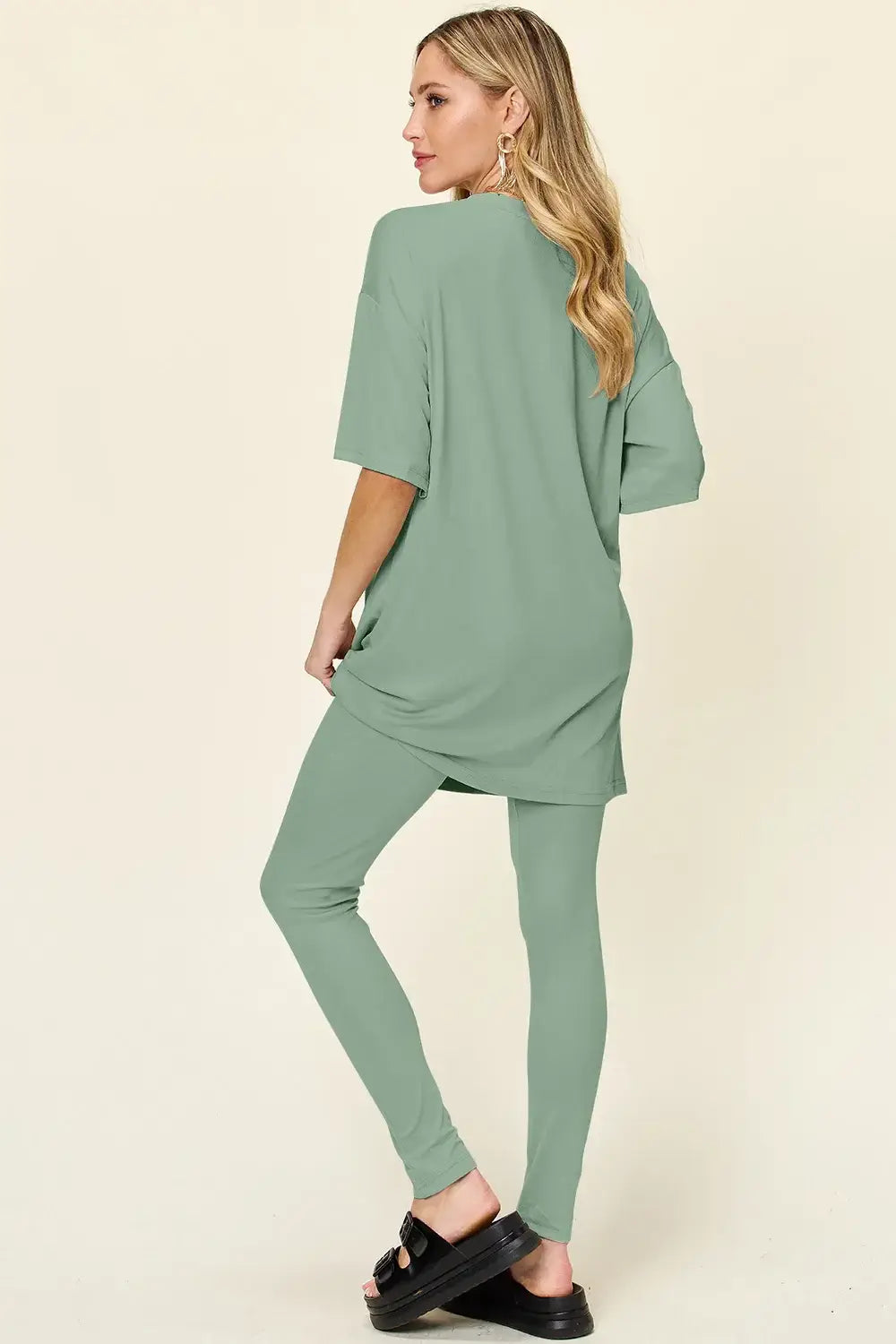 Double Take Full Size Round Neck Dropped Shoulder T-Shirt and Leggings Set - Trendsi - Flyclothing LLC