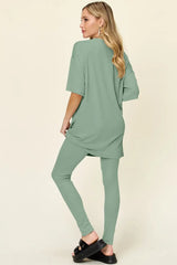 Double Take Full Size Round Neck Dropped Shoulder T-Shirt and Leggings Set - Trendsi - Flyclothing LLC