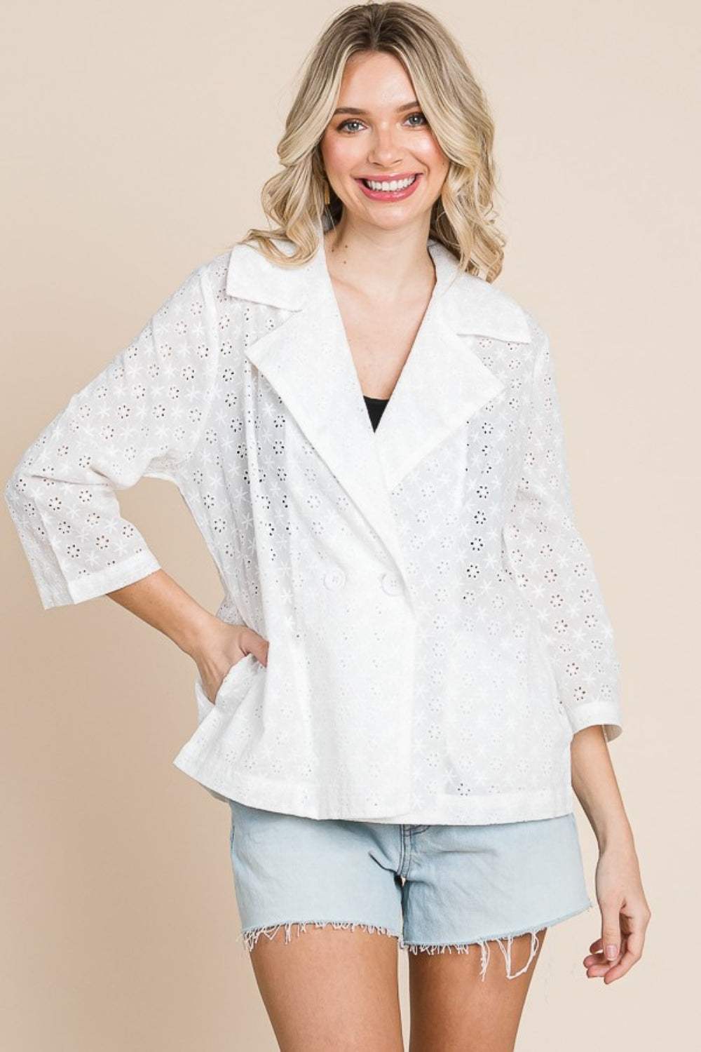 Culture Code Double Breasted Eyelet Jacket with Pockets - Trendsi - Flyclothing LLC