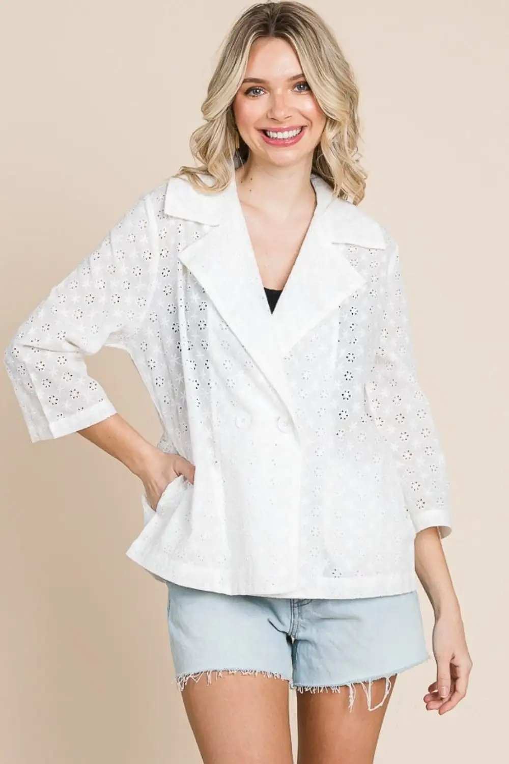 Culture Code Double Breasted Eyelet Jacket with Pockets - Trendsi - Flyclothing LLC