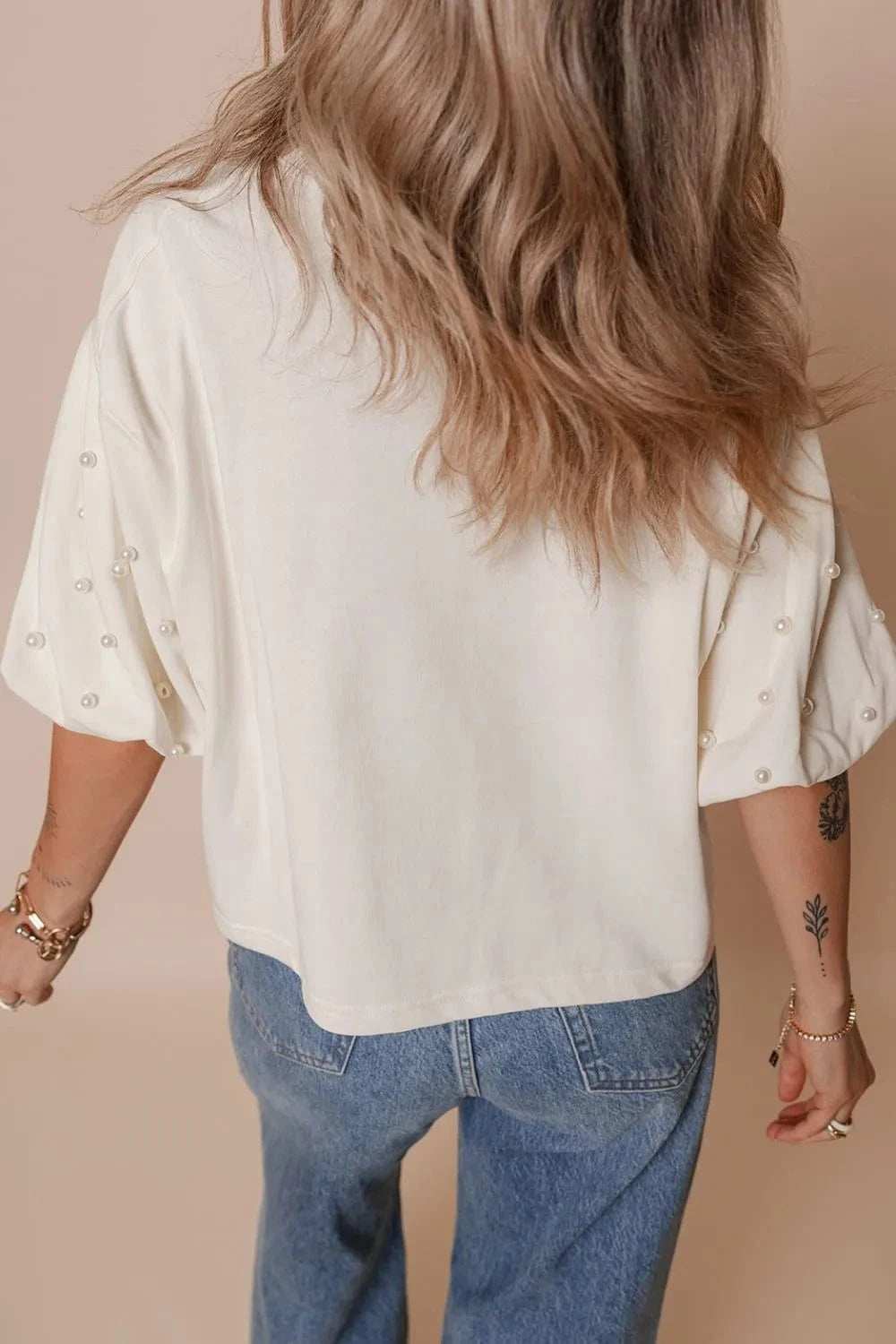 AMERICA EST 1776 Embroidered Pearl Beaded Sleeve T Shirt - Trendsi - Flyclothing LLC