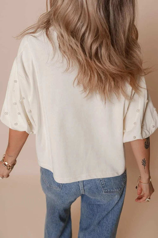 AMERICA EST 1776 Embroidered Pearl Beaded Sleeve T Shirt - Trendsi - Flyclothing LLC