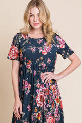 BOMBOM Floral Short Sleeve Maxi Dress - Trendsi - Flyclothing LLC
