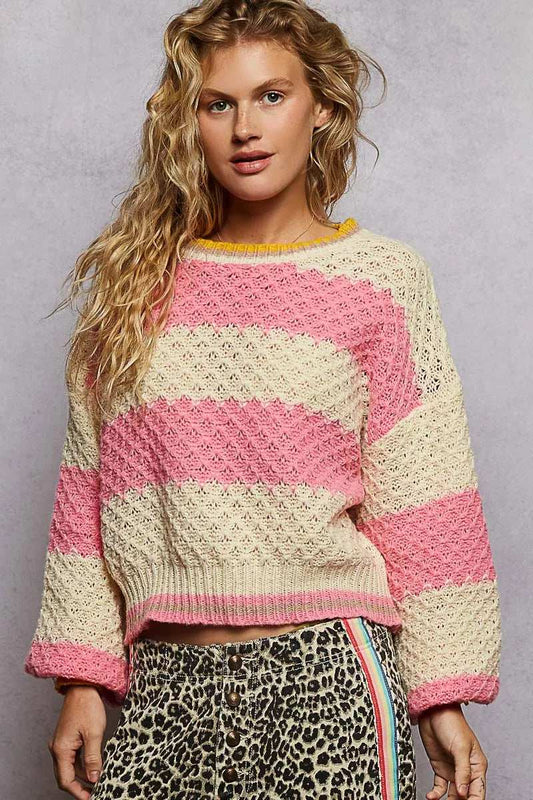 POL Contrast Striped Round Neck Sweater with Textured Cable Knit Pattern - Trendsi - Flyclothing LLC