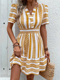 Geometric Notched Short Sleeve Mini Dress - Trendsi - Flyclothing LLC