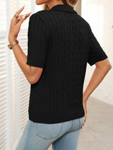 Mandy Cable Knit Johnny Collar Half Sleeve Sweater - Trendsi - Flyclothing LLC