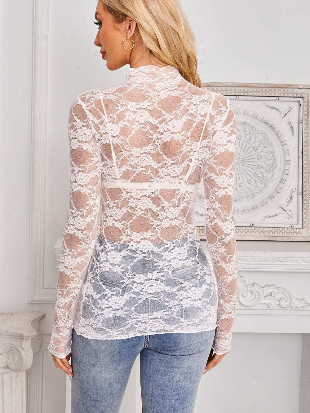 Mock Neck Long Sleeve Lace Sheer Top - Trendsi - Flyclothing LLC