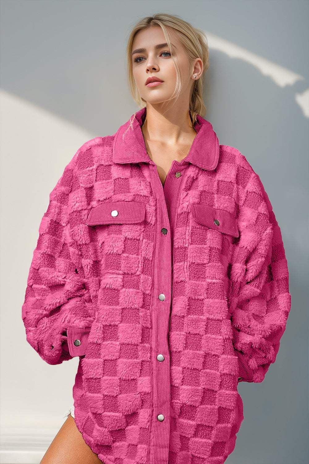 Double Take Button Up Fuzzy Checkered Shacket - Trendsi - Flyclothing LLC