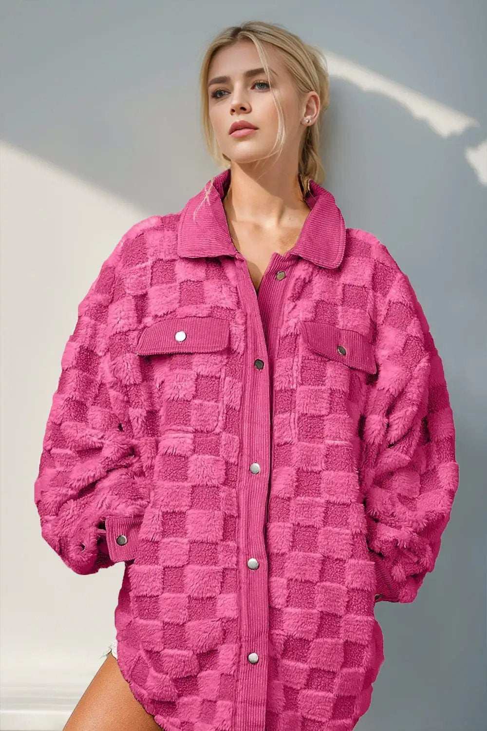 Double Take Button Up Fuzzy Checkered Shacket - Trendsi - Flyclothing LLC