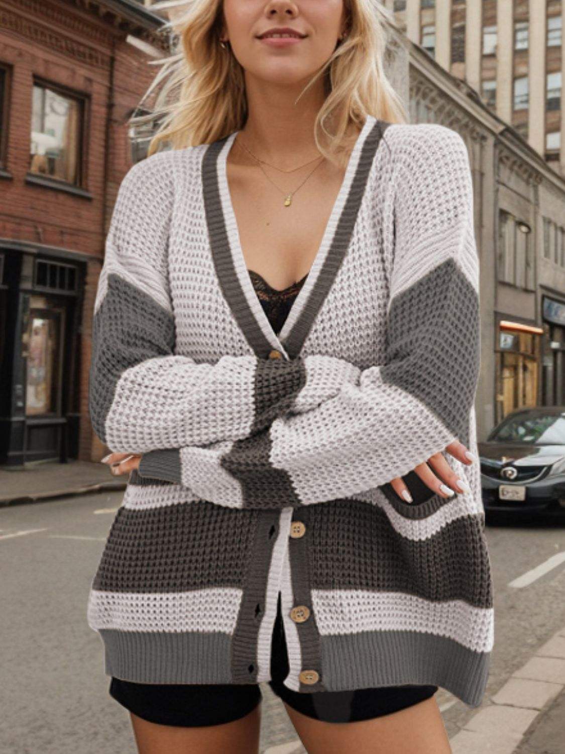 Contrast Button Up Long Sleeve Cardigan - Trendsi - Flyclothing LLC