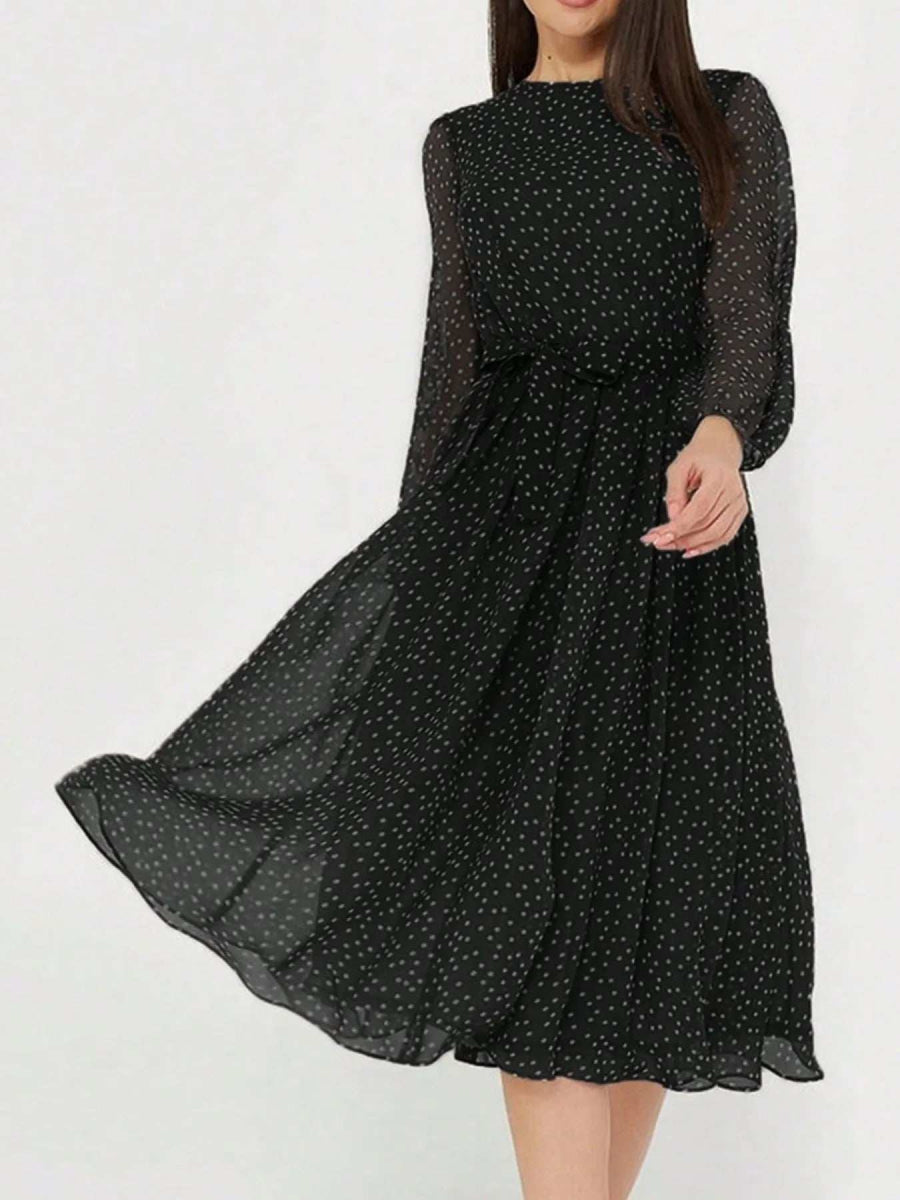 Polka Dot Long Sleeve Midi Dress - Trendsi