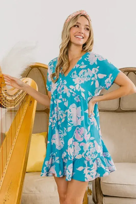 BiBi Floral Crinkle Shirred Ruffle Detail V Neck Dress - Trendsi - Flyclothing LLC