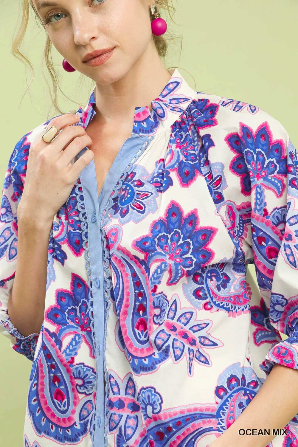Umgee Paisley Print Button Front Blouse with Scallop Trim Detail - Trendsi - Flyclothing LLC