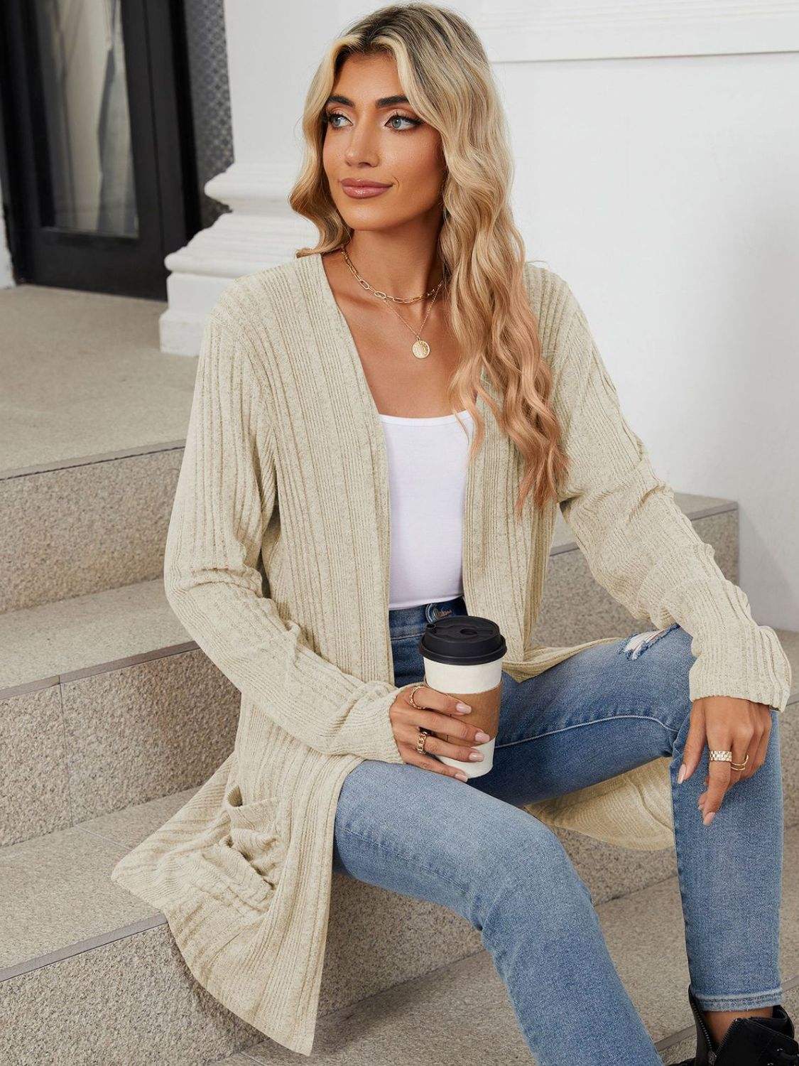 Pocketed Open Front Long Sleeve Cardigan - Trendsi - Flyclothing LLC