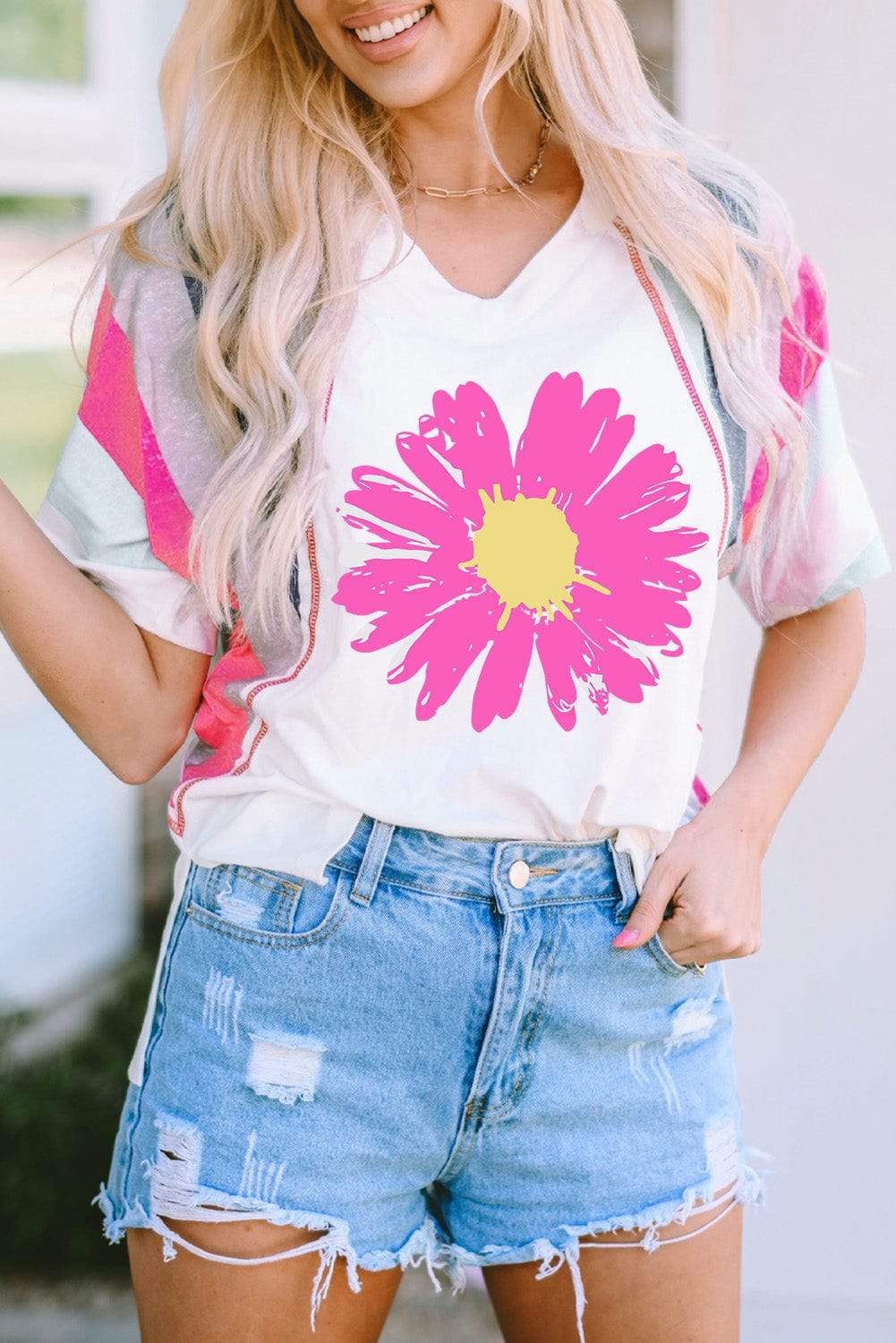 Daisy Graphic V-Neck Half Sleeve T-Shirt - Trendsi - Flyclothing LLC
