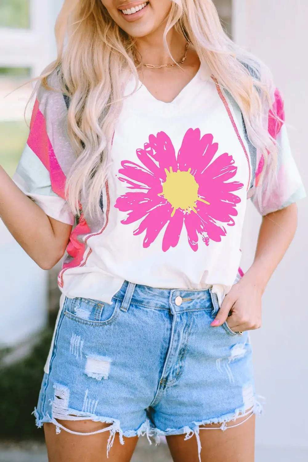 Daisy Graphic V-Neck Half Sleeve T-Shirt - Trendsi - Flyclothing LLC