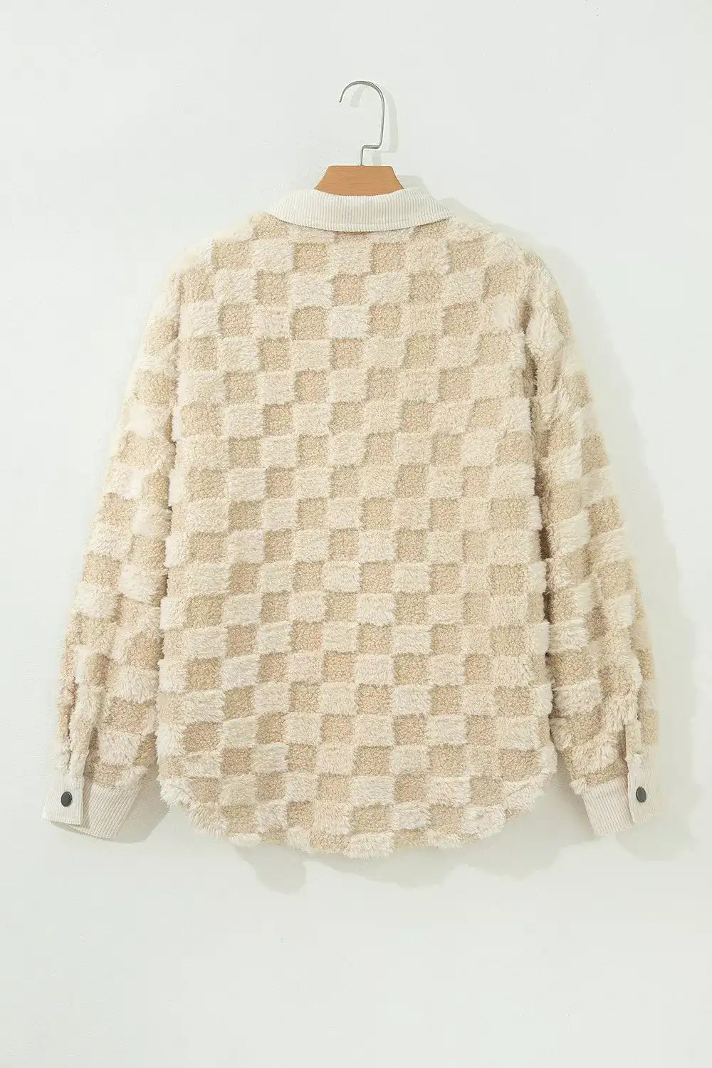 Plush Checkered Corduroy Trim Metal Button Long Sleeve Shift Silhouette Shacket - Trendsi - Flyclothing LLC