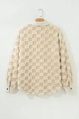 Plush Checkered Corduroy Trim Metal Button Long Sleeve Shift Silhouette Shacket - Trendsi - Flyclothing LLC