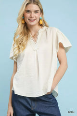 Umgee Seersucker Short Sleeve Top with Lace Trim - Trendsi - Flyclothing LLC