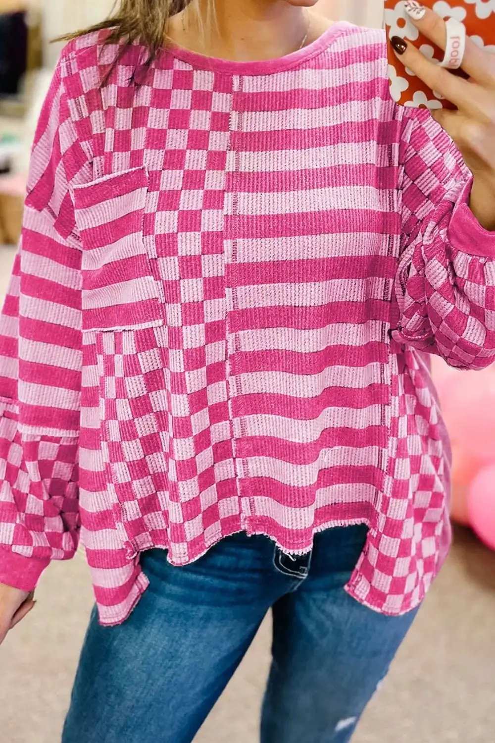 Checker & Stripes Round Neck Long Sleeve Blouse - Trendsi - Flyclothing LLC