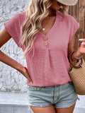 Decorative Button V-Neck Short Sleeve Blouse - Trendsi - Flyclothing LLC